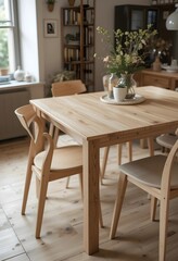 Scandinavian style dining table, light wood top, simple legs, chairs included, modern kitchen interior