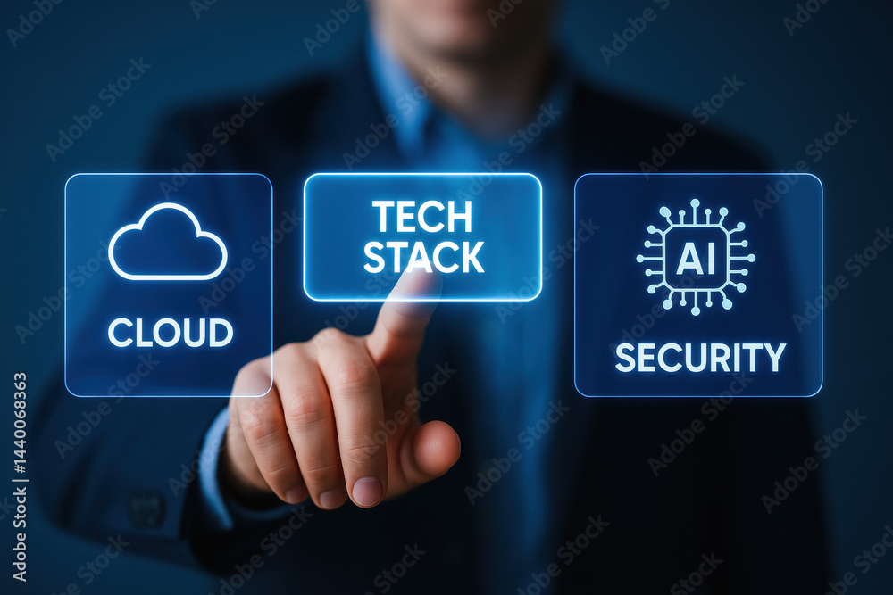 Poster a business professional strategically selects a tech stack to drive innovation enhance security and 