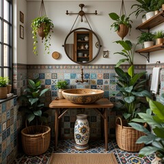 A bohemian style bathroom with a handmade ceramic sink and colorful tiles in a bathroom space with rattan baskets, wooden shelves, and plants.