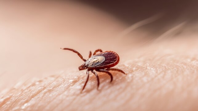 Close-up view of parasitic tick attached to human skin with visible blood droplets, concept of danger from insect bites and disease transmission risks.	