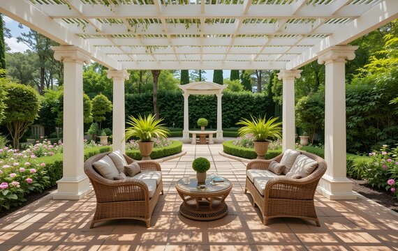 Mediterranean garden with terracotta tile floor and rattan furniture set under white pergola 