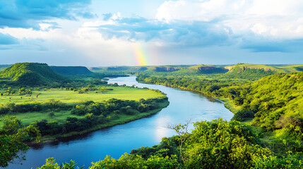 Obraz premium A Breathtaking View of a Winding River Cutting Through a Vibrant Green Valley