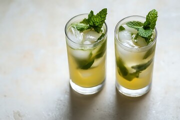 Fototapeta premium Refreshing iced mint tea perfect summer drink two glasses bright lighting cool mint garnish icy cubes
