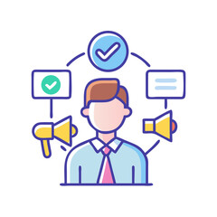 Marketing Strategy: A Man Promoting Validated Concepts with Megaphones and Good Feedback