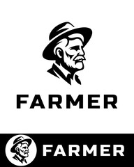 A vintage-style farmer logo design featuring a serious old man with a beard and hat in black and white 