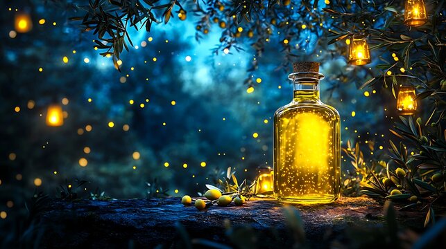 Magical glowing bottle with golden lights surrounded by fireflies and lanterns in enchanted forest at night

