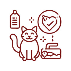 Adorable Cat with Tag, Food, and Approved Heart Icon in Line Art Style