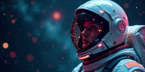 Close up of astronaut wearing futuristic space helmet with hud display in outer space, futuristic technology, cosmos, exploration