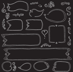 set of cute hand drawn label frames with white curved lines and plant elements on black background: ribbon shapes of different lengths, rectangle, various round shapes, squiggles
