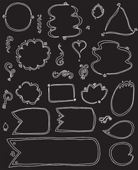 set of cute hand drawn label frames with white curved lines and plant elements on black background: ribbon shapes, round shapes, triangle, flower shapes, wavy shapes