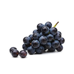 Fototapeta premium A bunch of dark grapes with a stem and some loose grapes on a white background in a studio shot