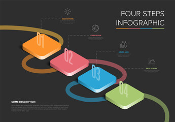 Vector Four Steps Isometric Infographic Timeline on Dark Background