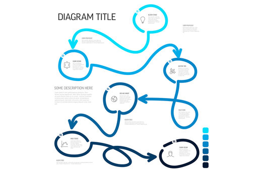 Dynamic Blue Flowchart Diagram with Wavy Arrows and Icons