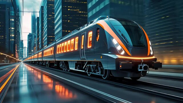 Futuristic High-Speed Train Traveling Through a Modern City with Neon Lights at Night, Representing Advanced Urban Transportation

