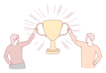 Illustration of two individuals celebrating victory with a trophy, symbolizing teamwork and achievement.