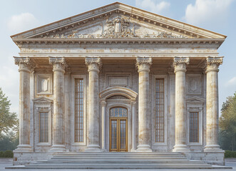Grand Neoclassical Building with Corinthian Columns and Decorative Facade in Sunlight, Architectural Detail