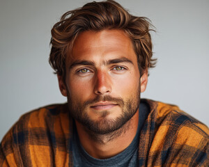 Obraz premium Portrait of a Confident Man with Beard and Stylish Hair in Casual Checkered Shirt Looking at Camera