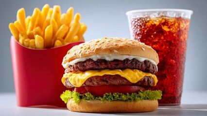 Tasty Hamburger with Side of Fries and Cola