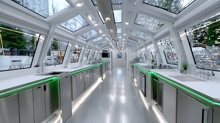 Obraz premium Modern galley kitchen interior of a luxury yacht with stainless steel appliances and skylights