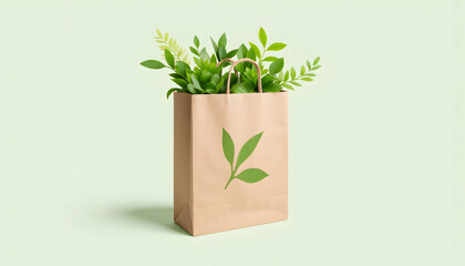 Eco-friendly paper bag with green leaves on pastel background