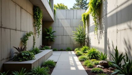 Fototapeta premium nature integration a modern space where concrete walls are intertwined with plants and natural elements.