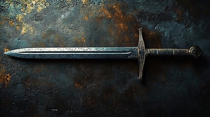 Sword on rusty metallic background with ornate hilt and T-shaped guard.