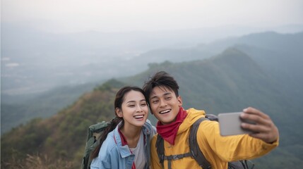Naklejka premium A couple taking a selfie on a mountain.