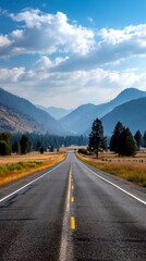 Naklejka premium Scenic highway through mountain valley under a vibrant sky. Possible use travel brochure, tourism poster