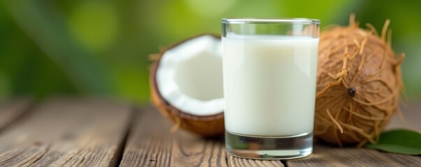 Close-up of coconut milk in a glass with coconuts in the background, coconut milk, healthy, food