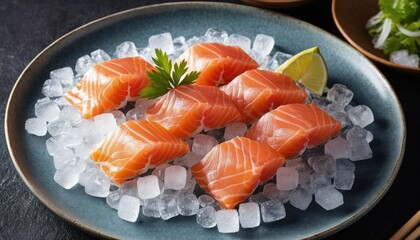 Fresh salmon with lemon and ice cubes served on a plate.