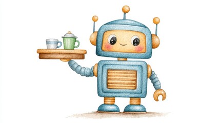 Naklejka premium Cute Blue Robot Waiter Serving Tea on a Wooden Tray