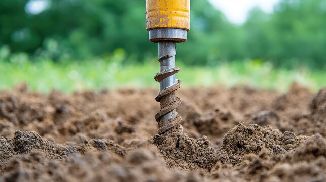 Heavy drill bit penetrating soil to prepare for pile