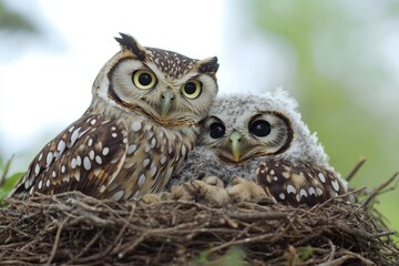 Obraz premium Family of owls nestled together in a cozy nest during early morning light