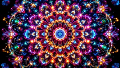 floral mandala an intricate mandala made entirely of flowers and sparkling lights, merging color and symmetry.