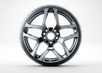 Obraz premium Shiny Chrome Car Wheel with Five-Spoke Design Isolated on White Background for Automotive and Transport Concepts