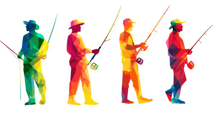 Colorful Polygonal Silhouettes of Fishermen Fishing