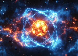 Obraz premium Glowing Atomic Structure with Orbiting Electrons in Vibrant Cosmic Space Environment Energy Concept