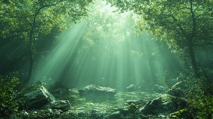 Sunlight Streaming Through Forest Canopy Over Calm Creek with Rocks
