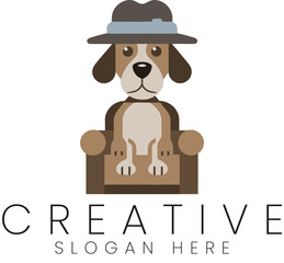 Stylish Beagle Dog in Hat Sitting on Chair Adorable Pet Logo Design Illustration art cute icon flat 