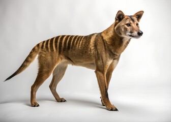  Alert Side-Profile of a Tasmanian Tiger Standing and Listening – Tense Realistic Wildlife Moment on White Background