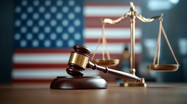 Gavel and Scales of Justice with U.S. Flag, Symbolizing Law and Order