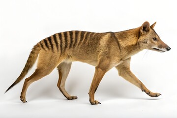 Side Profile Stroll of a Tasmanian Tiger Captured in Full Motion on a White Background – Naturalistic National Geographic Style