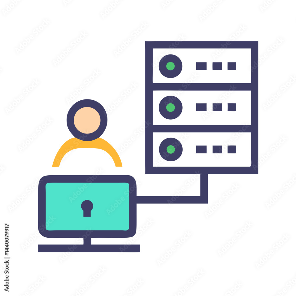 Poster network administrator connecting to server rack via computer - vector illustration