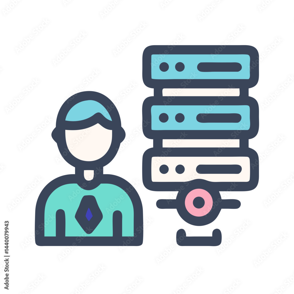 Poster server administrator icon featuring a man next to a data server stack.