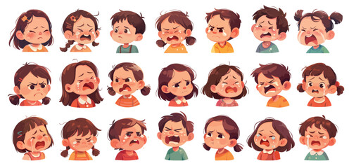 Crying children portraits. Kids boys an girls sad tears pain scream, stress emotion expression set vector illustration