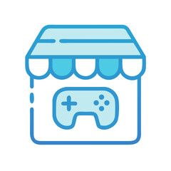 Online Gaming Store Icon: Blue Storefront with Controller Symbol, Isolated on Black