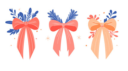 Obraz premium Three Pastel Bows with Blue Leaves Illustration