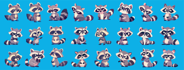 Raccoon character. Cartoon cute striped animal zoo mascot poses, funny wild coon set vector illustration