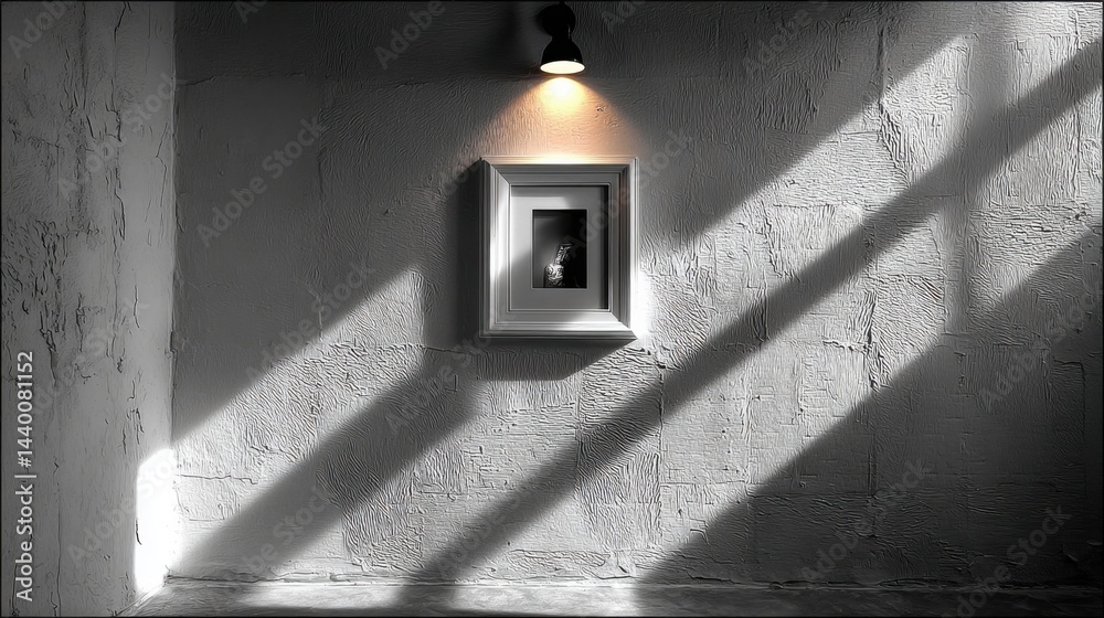 Poster Monochrome room with framed picture and window shadow creating minimalist art