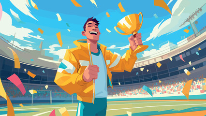 Sport winner. Cartoon man athlete holding award cup on stadium with flying confetti vector illustration
